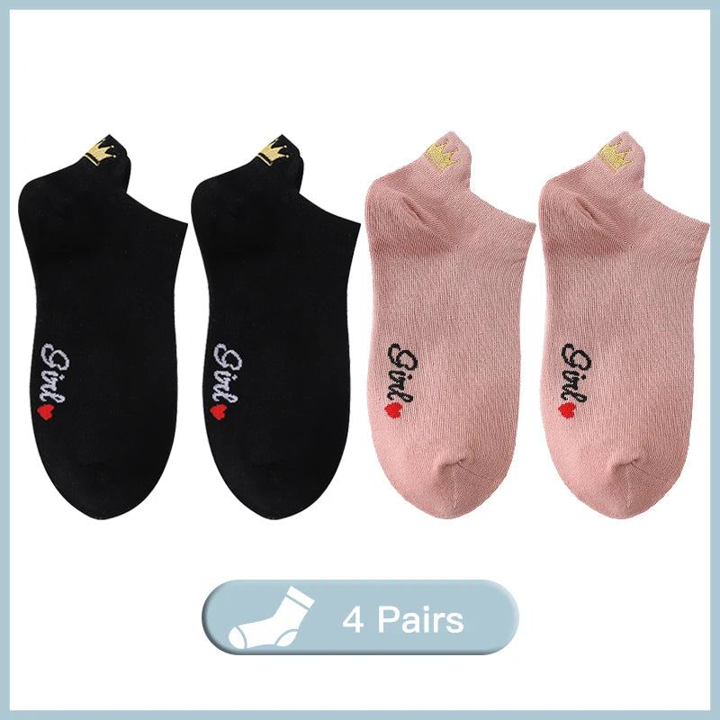 4 Pairs Lot Fashion Socks Women 2026 New Spring Cotton Color Novelty Girls Cute Heart Embroidery Casual Funny Ankle Socks Pack