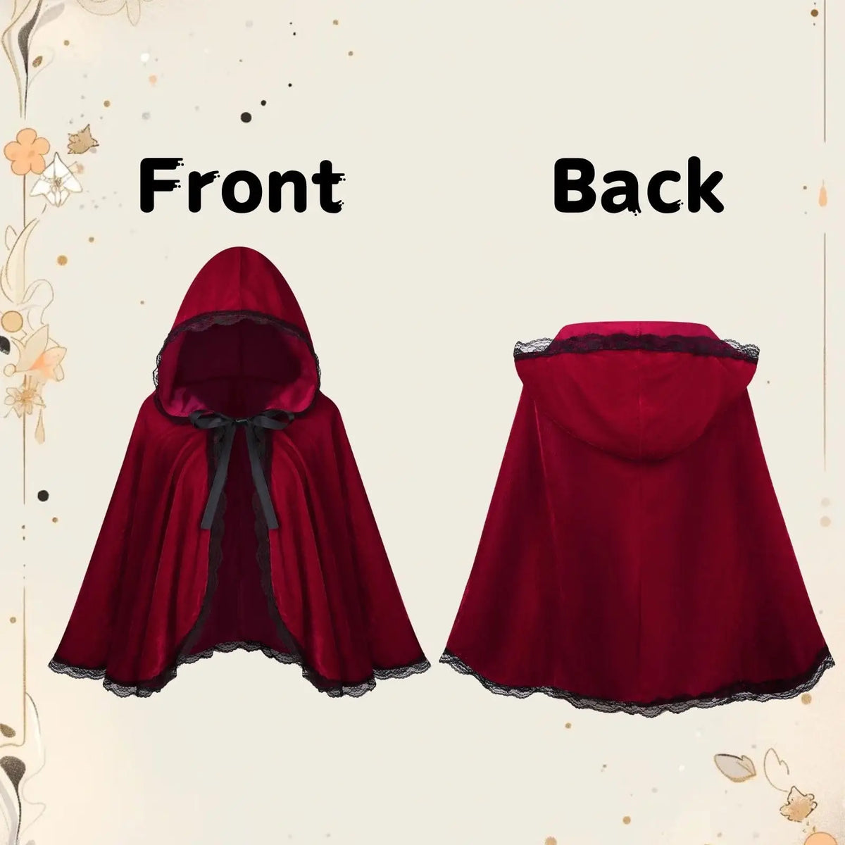 Red Velvet Black Lace Hooded Velvet Cape Ladies Cape Halloween Christmas Cosplay Party Fancy Cape
