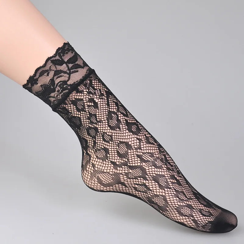 6-Pair /Set Summer Black White Sexy Lace Socks Thin Hollow Jacquard Fishing Net Short Stockings