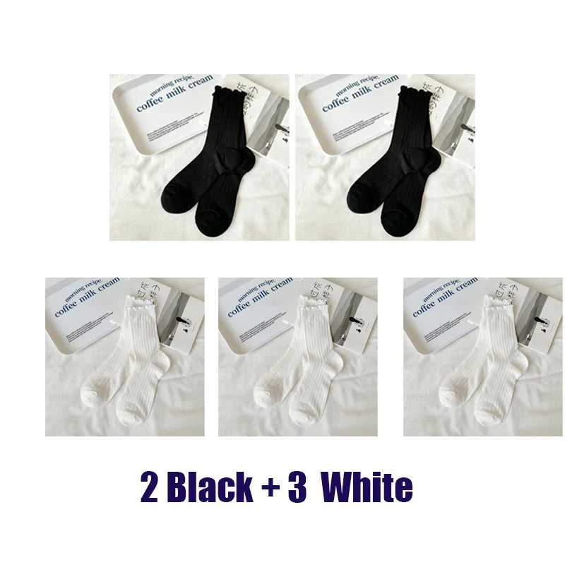 5 Pairs/Lot Women Hollow Mesh Tube Socks Ear Fungus Edge Socks Ins Trendy Spring Summer Loose Mouth Thin Style Girls Pile Socks