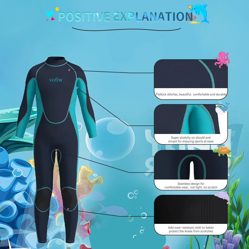 Children's 3MM Neoprene Wetsuit Back Zipper Surfing Snorkeling Swimming Suit Long Sleeves Boys Girls Kids Water Sports Swimwear