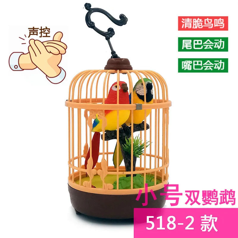 Simulated voice controlled toy bird cage, fake bird, electric ornament that senses calls and moves, parrot decoration