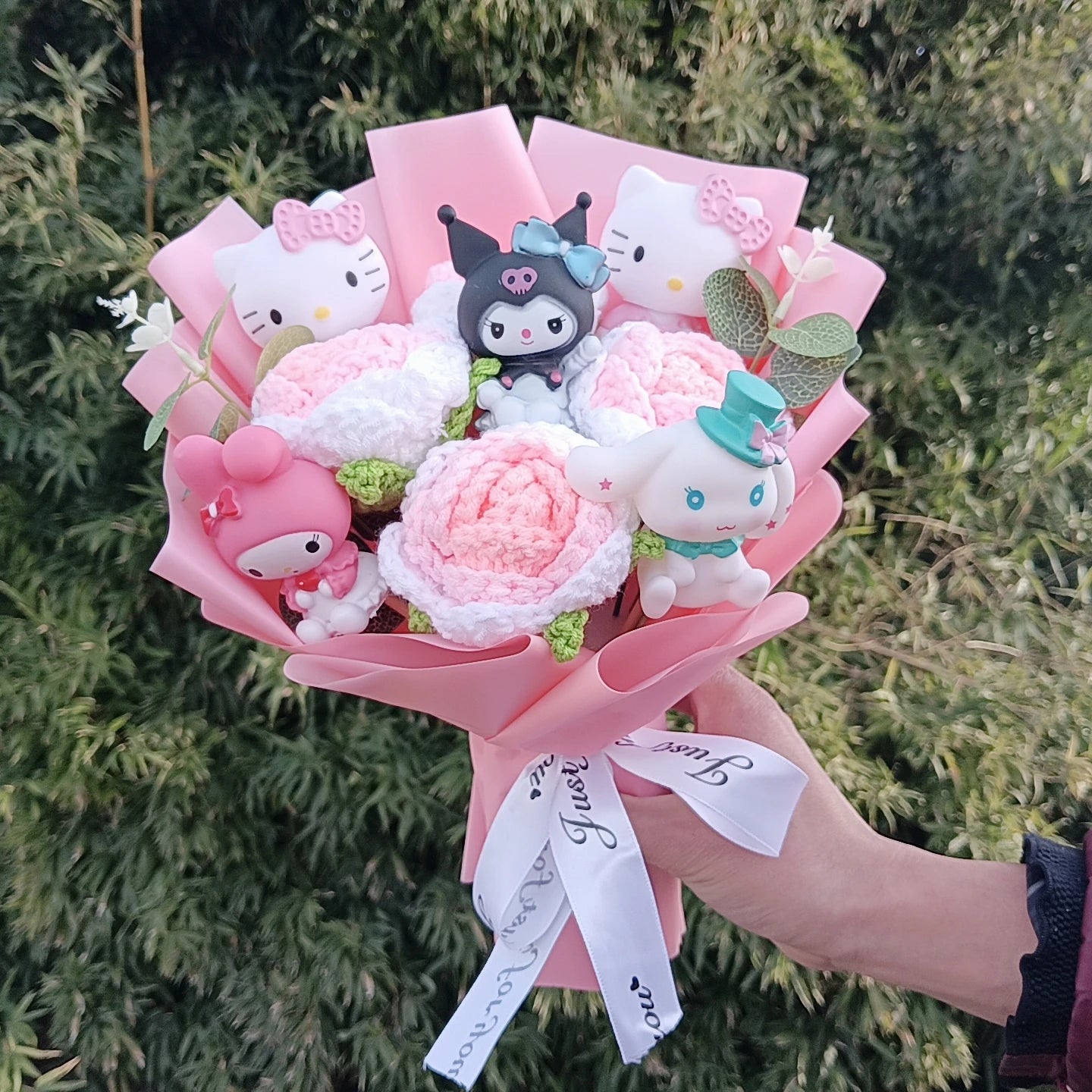 Hello Kitty Plush Bouquet with Rose Kawaii Anime Fluffy Stuffed Plush Doll Christmas Valentine's Day Holiday Birthday Gift