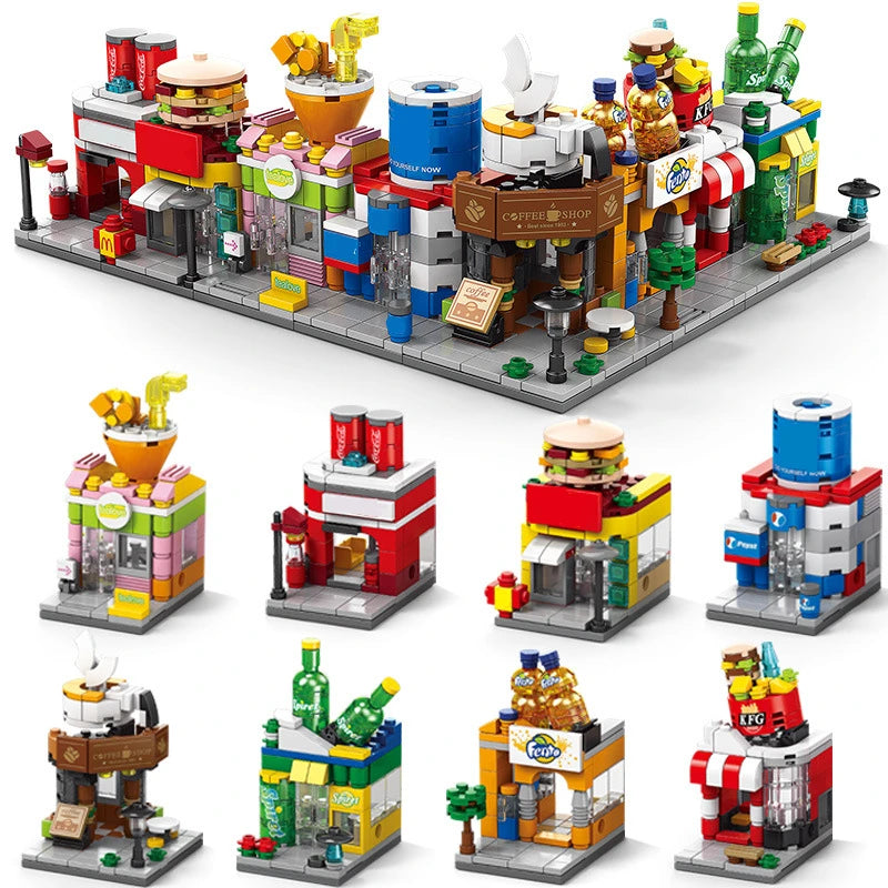 NEW DIY Restaurant Coffee Milk Tea Store Street View Food House Building Blocks Kit Girls Bricks Movie Model Toy