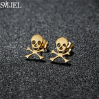 Punk Halloween Earring Black Stainless Steel Ghost Pirate Skull Stud Earrings Women Men Goth Pumpkin Spider Bat Ear Jewelry Gift