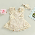 0-18M Infant Baby Girls Princess Romper Dress Summer Sleeveless Square Neck Floral Lace Bodysuits with Headband Sets Outfits