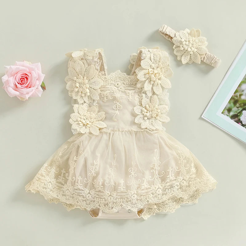 0-18M Infant Baby Girls Princess Romper Dress Summer Sleeveless Square Neck Floral Lace Bodysuits with Headband Sets Outfits