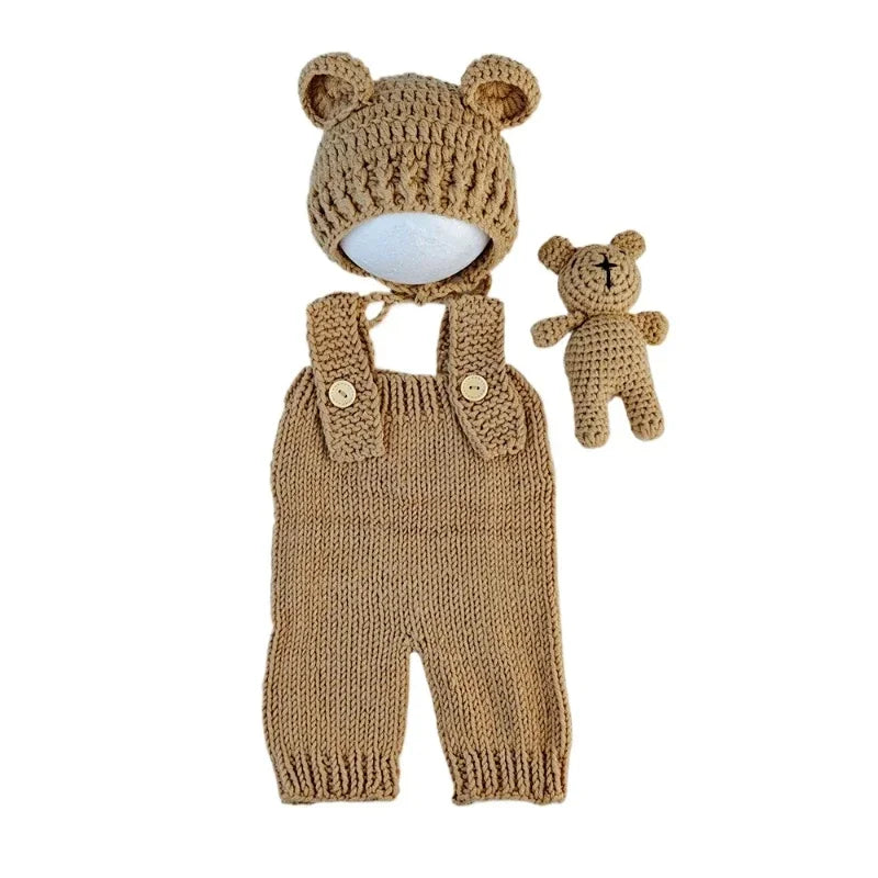 3pcs/sets Newborn Photography Clothing Hand-woven Romper Pants Bear Hat and Bear Dolls Decor Props Baby Photoshoot Outfits