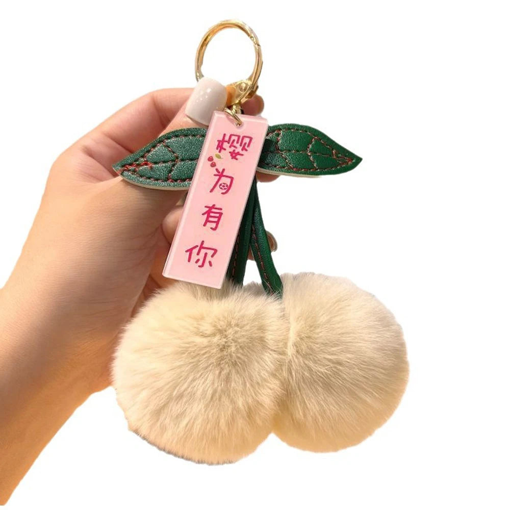 Keychain Key Fob Bag Pendant Fluffy Cherry Keyring Bag Hanging Leaf Artificial Rabbit Fur Ball Key Holder Plush Bag Accessories