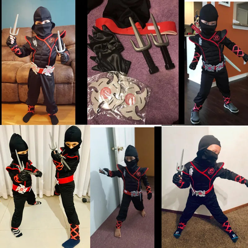 Black Ninja Costume Boy Halloween Japanese Samurai Costume Kid Anime Muscle Costume with Foam Accessories Best Children Gift