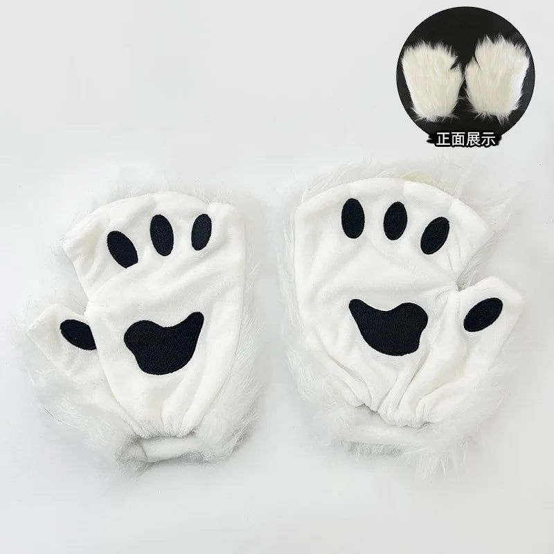 Faux Fur Fox Tail Cat Wolf Cosplay Costume Set with Plush Mask Fluffy Paw Gloves for Halloween And Christmas Party Accessories
