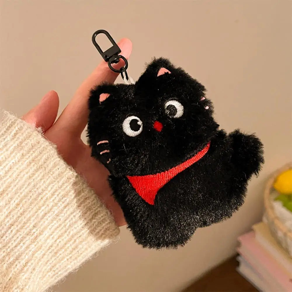 Cute Mini Black Cat Pendant Keychain Cartoon Plush Kitten Doll Charms With Beaded Chain Cuddly Black Kitten For Boys Girls Gifts