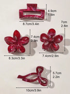 4Pcs Autumn Winter Burgundy Bow Square Flower Hair Claw Clips for Women MultiStyle Red Fashion Hair Accessories Headwear Hairpin