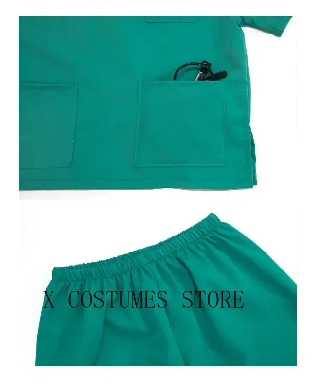 Kids Doctor Nurse Cosplay Costume, V Neck Surgical Uniform for Boys Girls, Halloween Party Role Play Dress Up Outfit