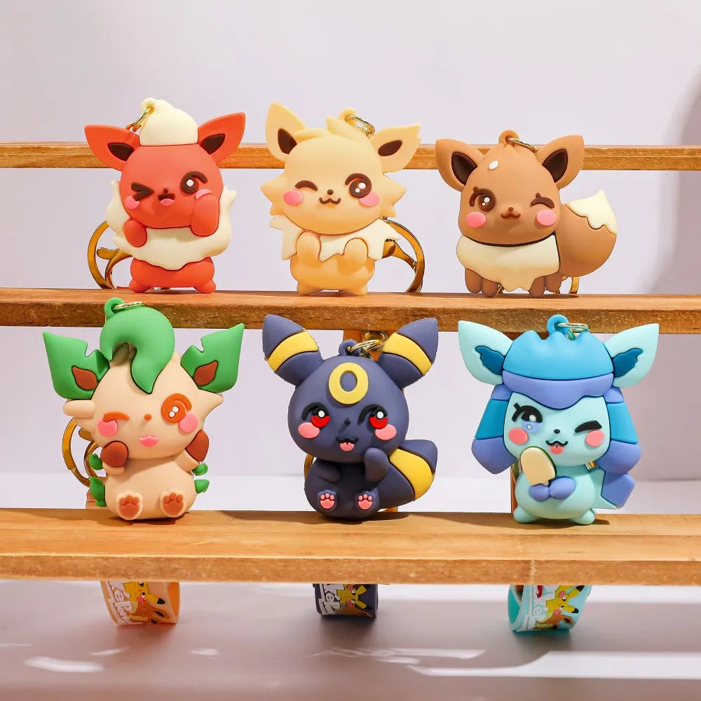 Eevee Keychain Evolution Set, Flareon Jolteon Vaporeon Plush Keychain, Pokémon Eeveelutions Key Ring for Fans