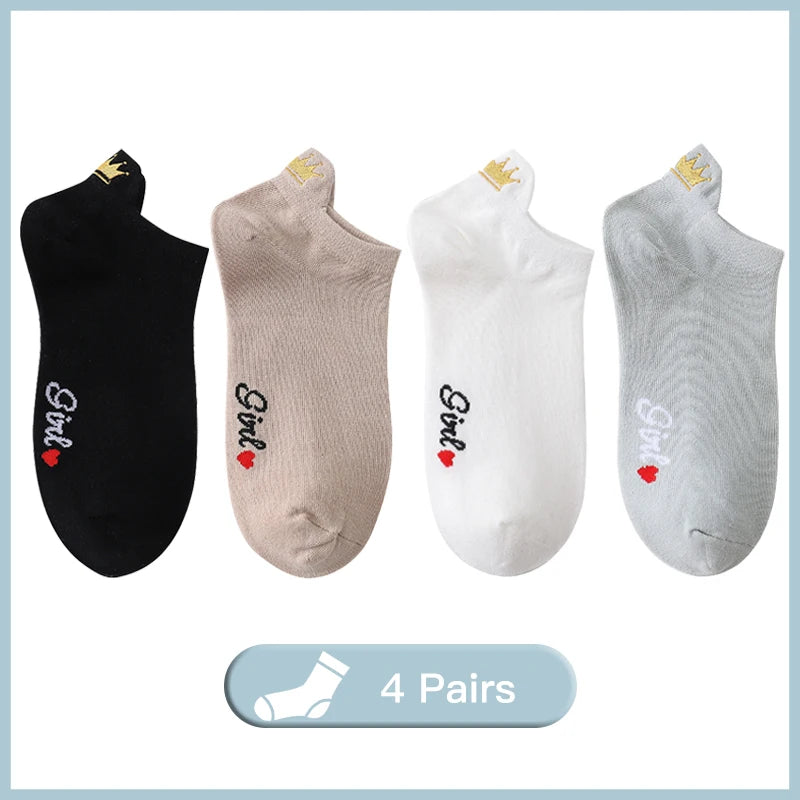4 Pairs Lot Fashion Socks Women 2026 New Spring Cotton Color Novelty Girls Cute Heart Embroidery Casual Funny Ankle Socks Pack