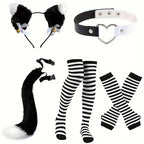 Role playing costume set with black and white stripes, furry tail, gloves and socks, acting props for Halloween