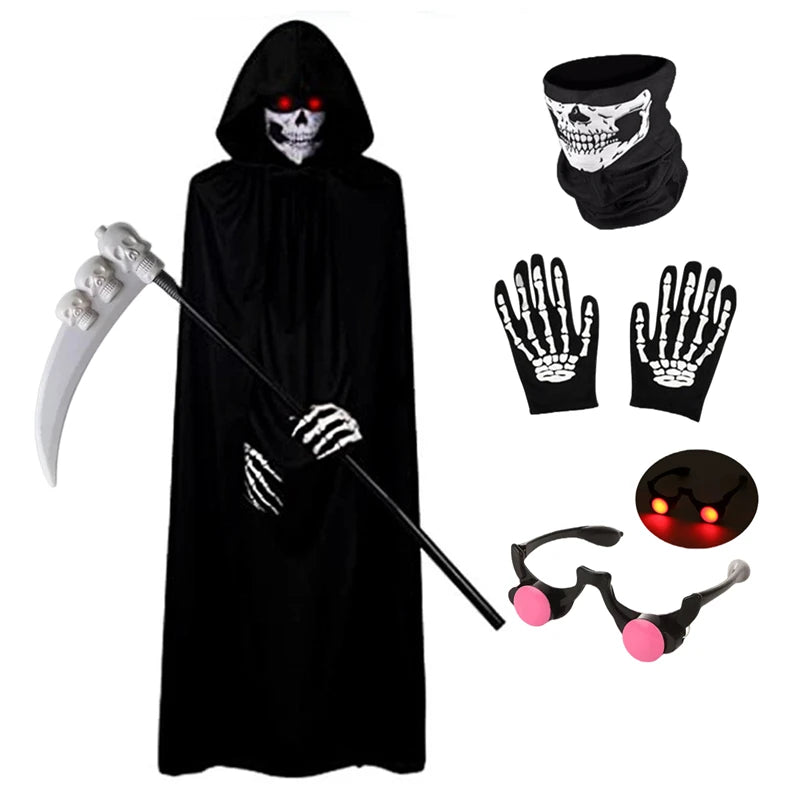 Scary Halloween Costumes for Kids - Red-eyed Reaper Robe with Hood and Scythe Easter Cape with Scythe and Glowing Glasses