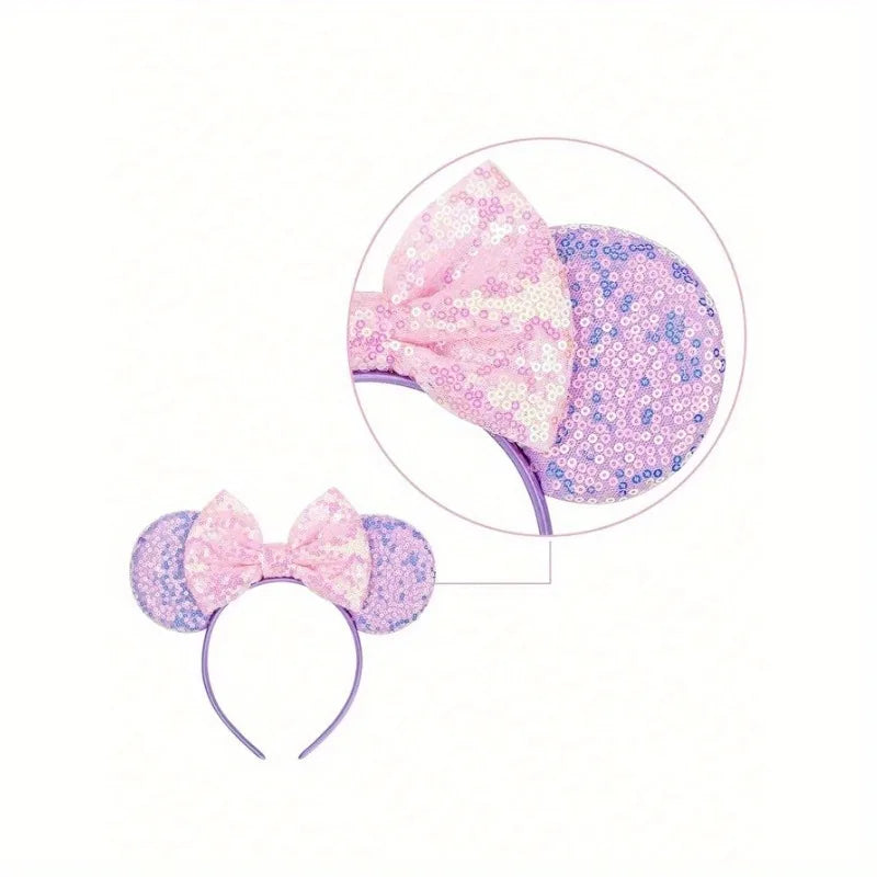 1pc Disney Cute Cartoon Minnie Headband Sequins Ears Bow Hair Hoops Purple Pink Women's Headband for Holiday Party Perfect Gifts
