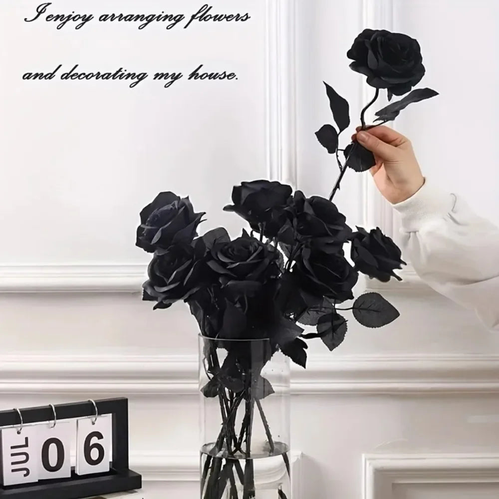 5/10pcs Artificial Black Roses for Home Decor, Long Stem Fake Flowers No Vase, Wedding Halloween Party Table Centerpiece