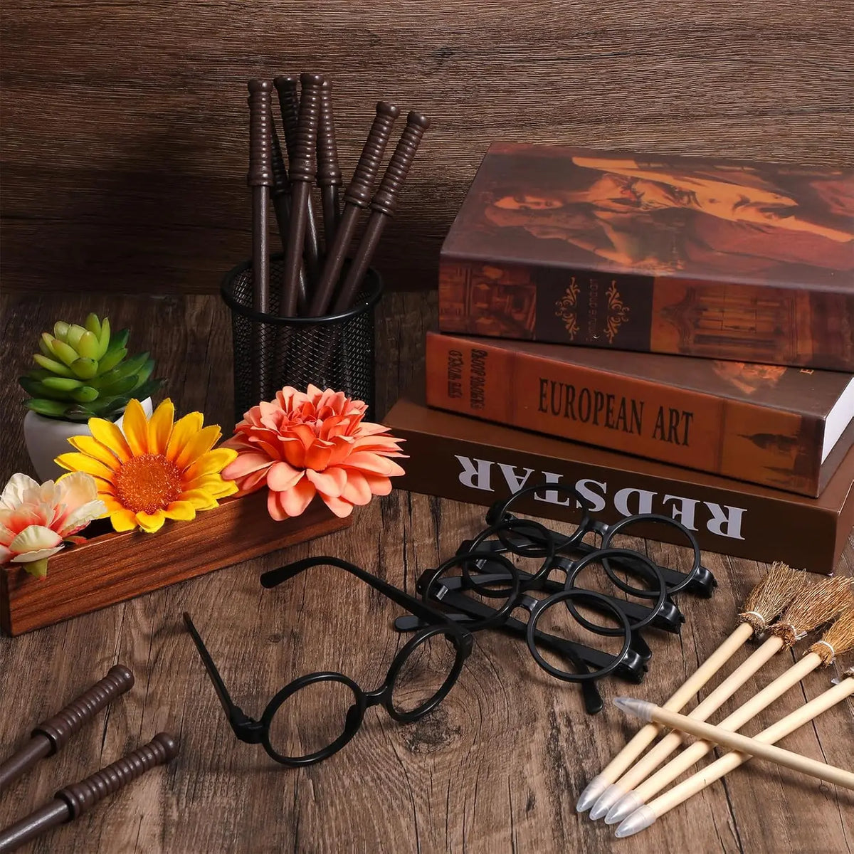 Wizard Wand Party Favors,Wand Pencils,Witch Broom Pencils,Lightning Tattoos,Glasses,Halloween Cosplay Accessories