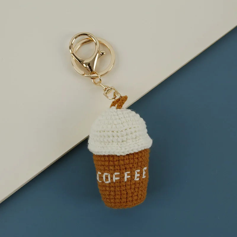 Creative Coffee Cup Crochet Keychain For Bag Pendant Cute Knitting Cup Keyrings Handmaking Knitted Keychains Custom Accessories