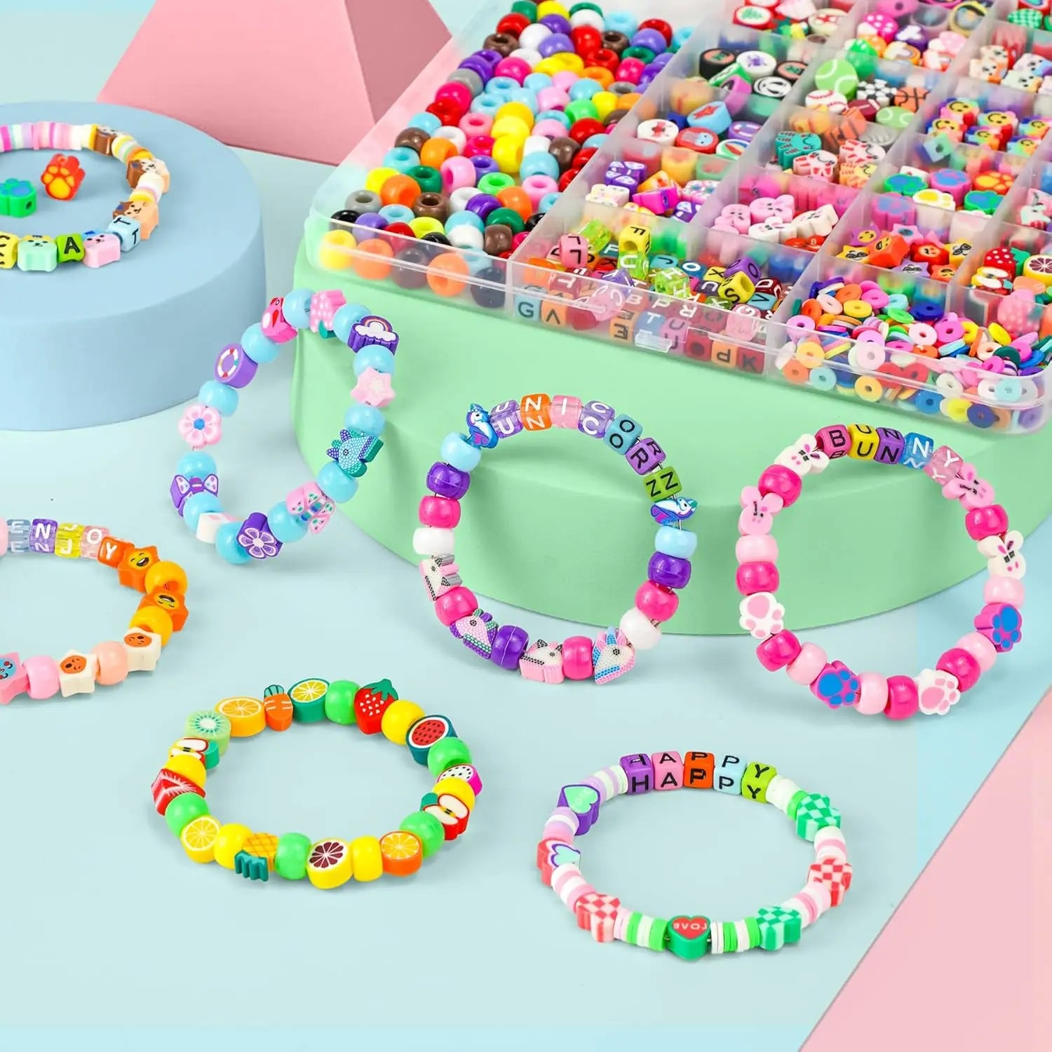 1200 Pcs Polymer Clay Beads Bracelet Making Kit, Animal Fruit Flower Butterfly Bunny Pony Letter Beads Charms for Jewelry making