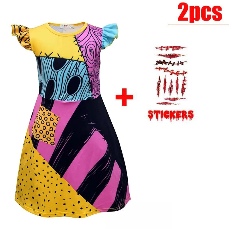 Kids Girls Boys Cosplay Scary Ghost Bride Sally Skeleton Jack Dress Striped Halloween Character Dress Up Costume