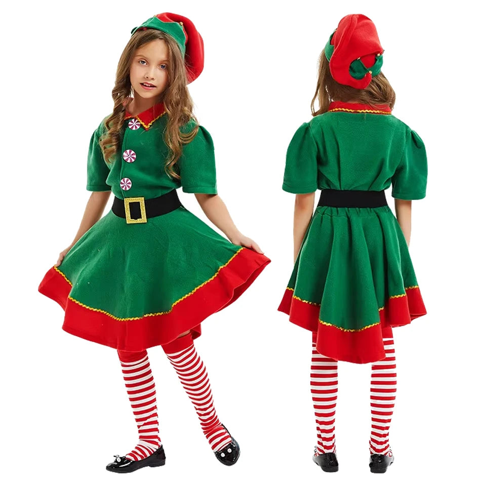 2025 Girl Boy Christmas Elf Costumes Santa Claus Suit Festival Adult Family Halloween Cosplay Sets Green Elves Clothes
