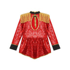 Girls Shiny Sequins Circus Ringmaster Magician Drummer Costume Lion Tamer Long Sleeve Fringe Epaulet Bodysuit for Halloween