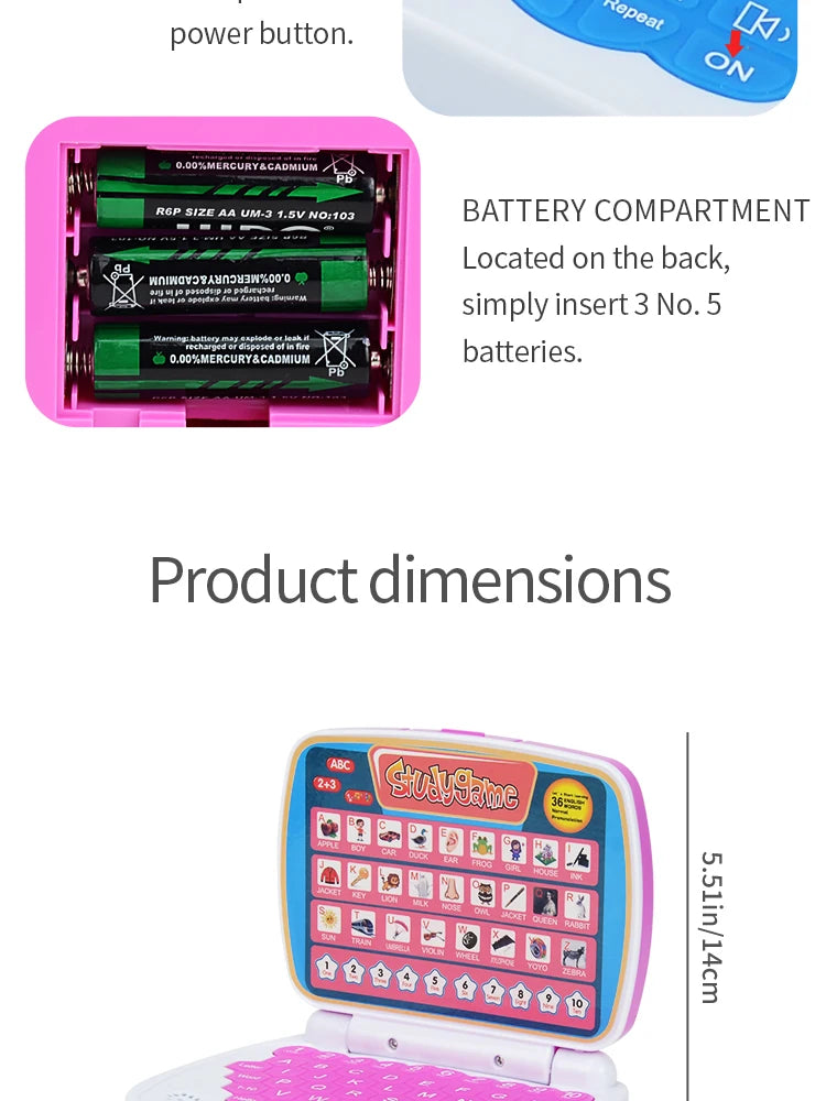 English Learning Small Laptop Toy for Children.Kids. Boys and Girls Computer for Aphabet ABC.Numbers.Words.Spelling.Maths.Music