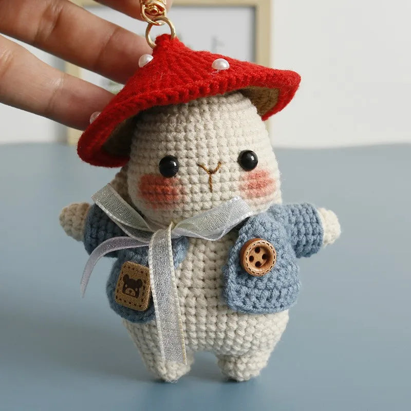 Cute Mushroom Rabbit Crochet Keychains Handmaking Crochet Cartoon Rabbit Doll Keyring For Bag Pendant Knitted Animal Doll Custom