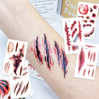 16 Pcs Halloween 3D Fake Scar Temporary Tattoos - Bloody Wound & Zombie Designs for Face/Body, Costume Party, Prank & Cosplay