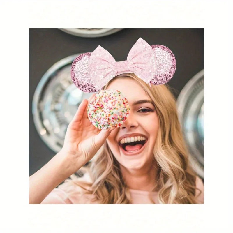 1pc Disney Cute Cartoon Minnie Headband Sequins Ears Bow Hair Hoops Purple Pink Women's Headband for Holiday Party Perfect Gifts