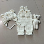 3pcs/sets Newborn Photography Clothing Hand-woven Romper Pants Bear Hat and Bear Dolls Decor Props Baby Photoshoot Outfits