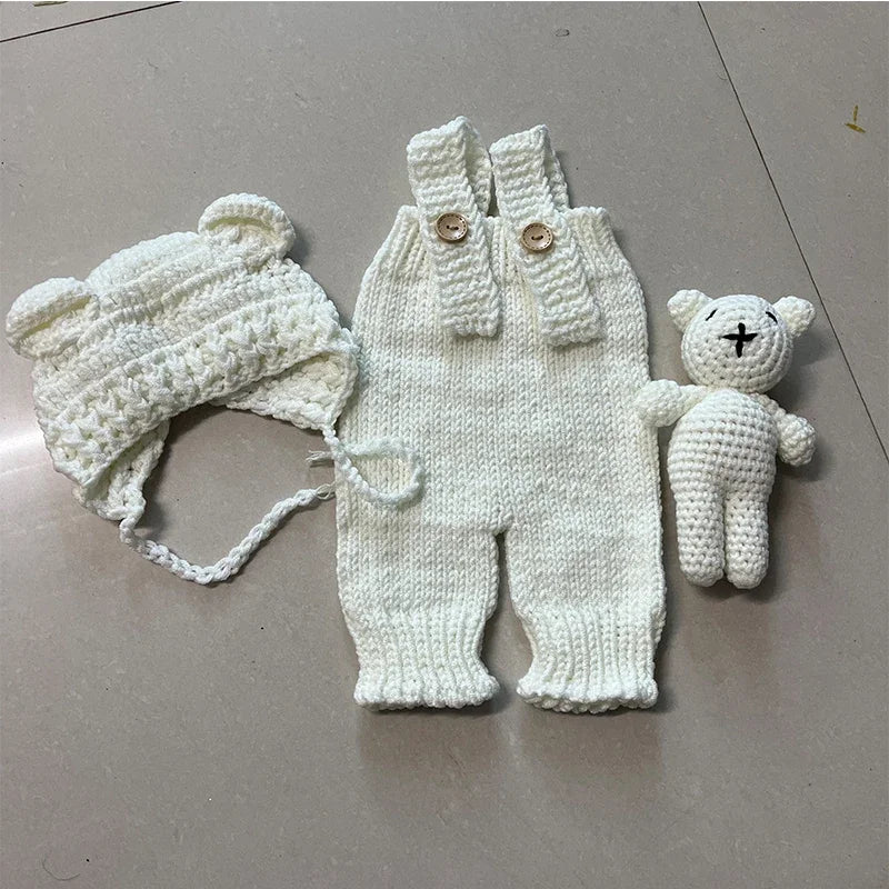 3pcs/sets Newborn Photography Clothing Hand-woven Romper Pants Bear Hat and Bear Dolls Decor Props Baby Photoshoot Outfits