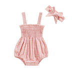 Newborn Baby Girl Romper Summer Sleeveless Smocked Cotton Linen Clothes Outfit with Headband