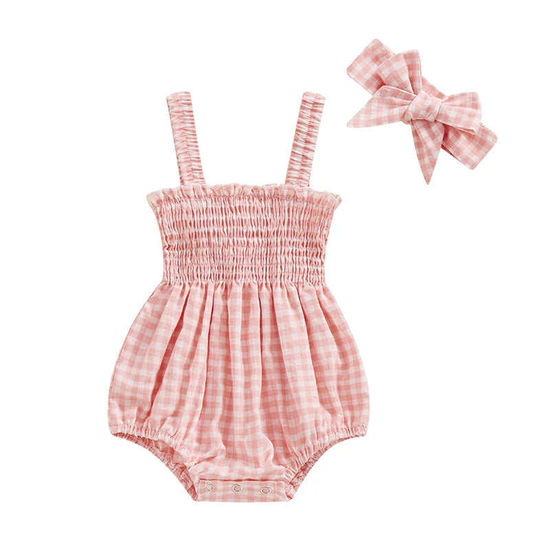 Newborn Baby Girl Romper Summer Sleeveless Smocked Cotton Linen Clothes Outfit with Headband