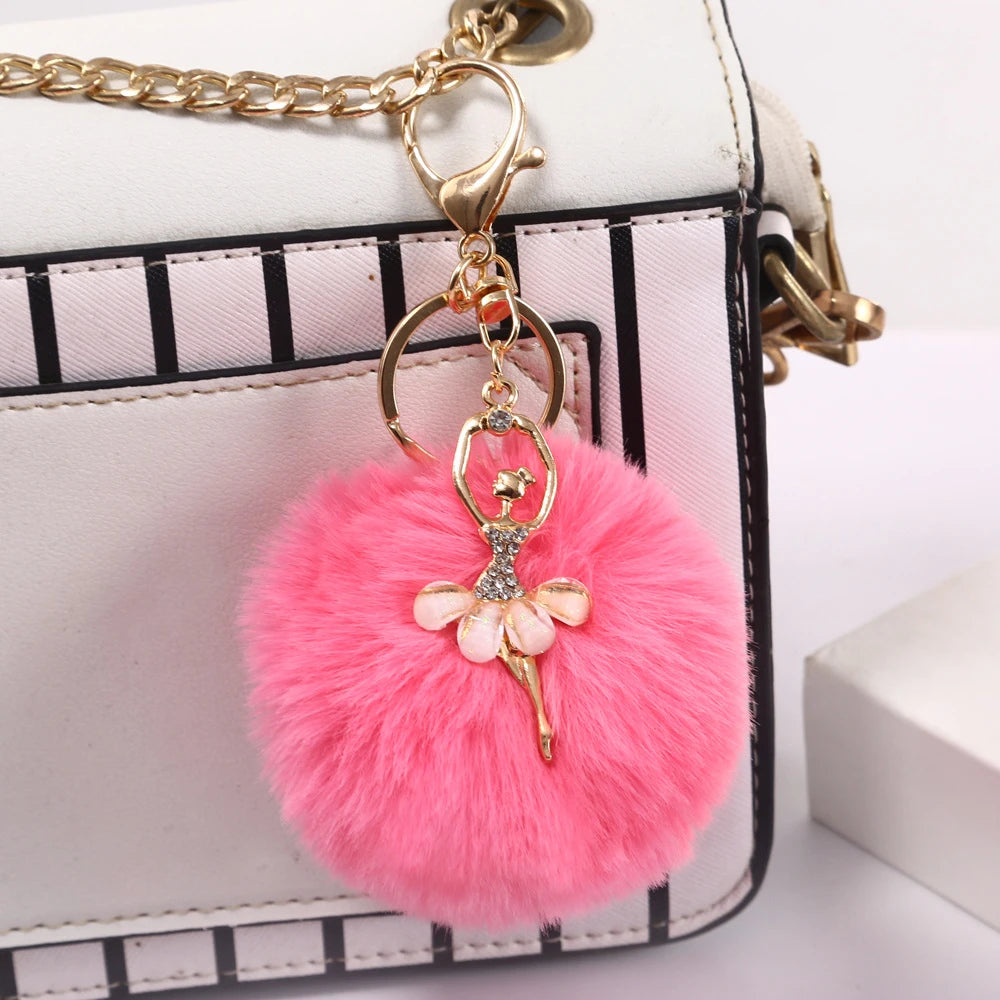 Fashion Rhinestone Ballet Dancer Keychain Cute Plush Ball Keyring for Women Girls Car Handbag Backpack Phone Pendant Accessories
