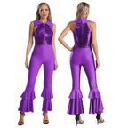 Womens 70s Disco Shiny Sequins Jumpsuit Sleeveless Turn-Down Collar Zipper Rhinestone O-Ring Front Tiered Bell-Bottom Bodysuit