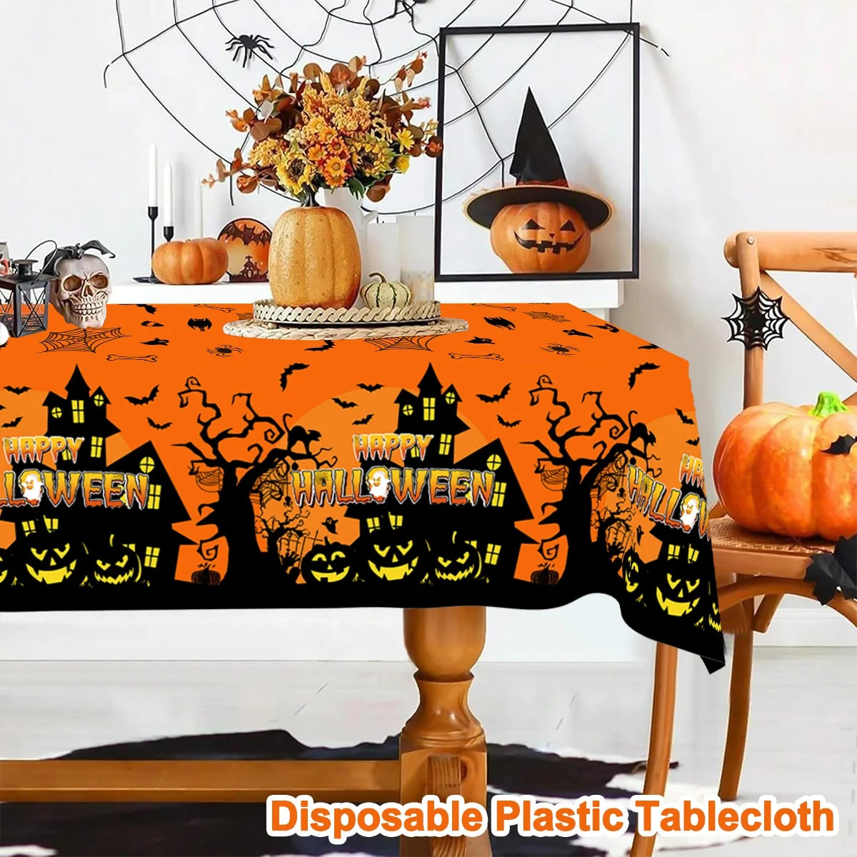 1pc Orange Black Horror Ghost Table Cover Happy Halloween Tablecloth for Trick or Treat Theme Home Decoration