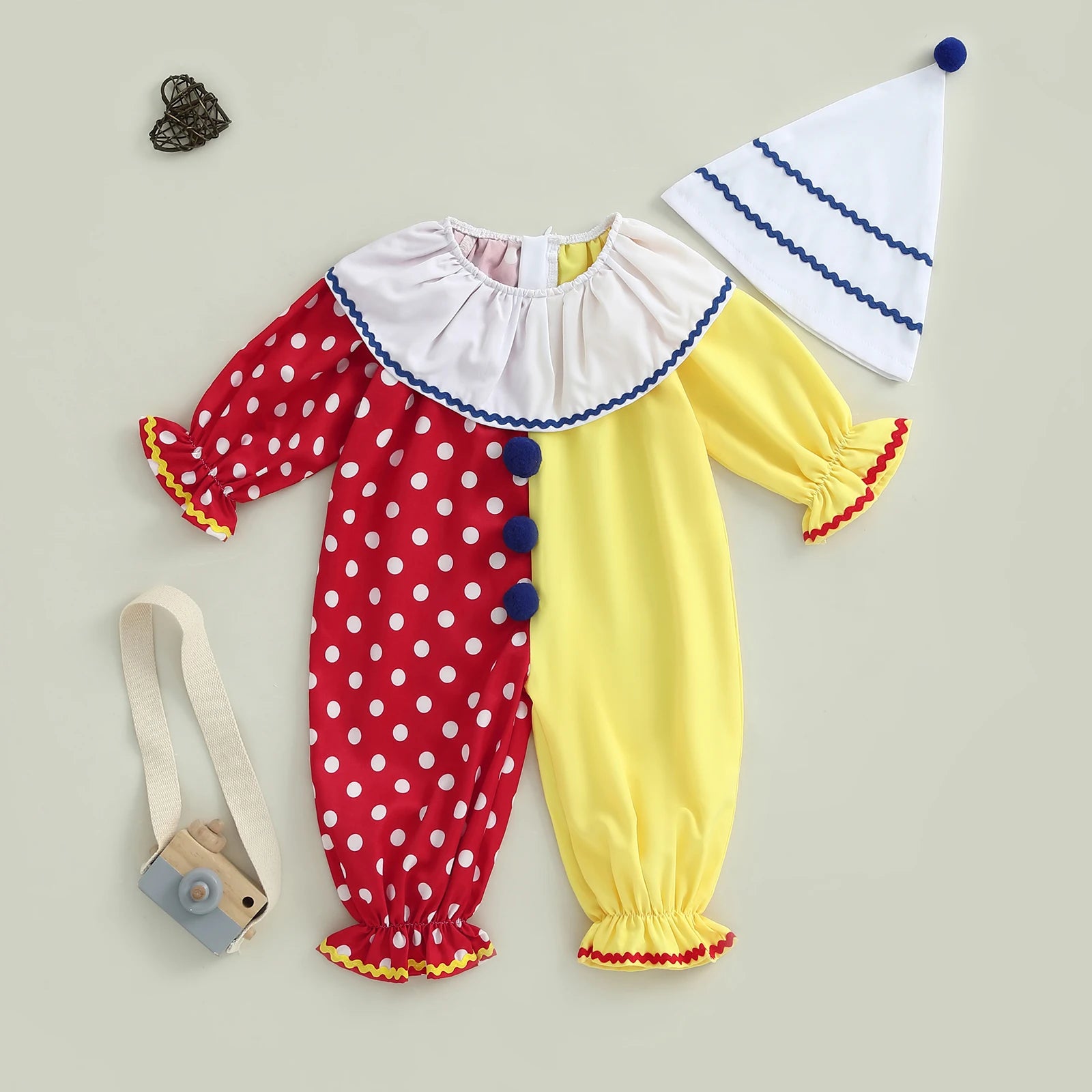 0-5Y Toddler Baby Clown Costume Boy Girl Funny Halloween Outfit Contrast Color Long Sleeve Jumpsuit with Hat