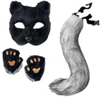 Faux Fur Fox Tail Cat Wolf Cosplay Costume Set with Plush Mask Fluffy Paw Gloves for Halloween And Christmas Party Accessories