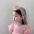 1PC Princess Crown Veil Headbands,Sparkly Tulle Hair Accessories,Pink White Sequin Party Headwear,Cute Girl's Dress Up Headbands