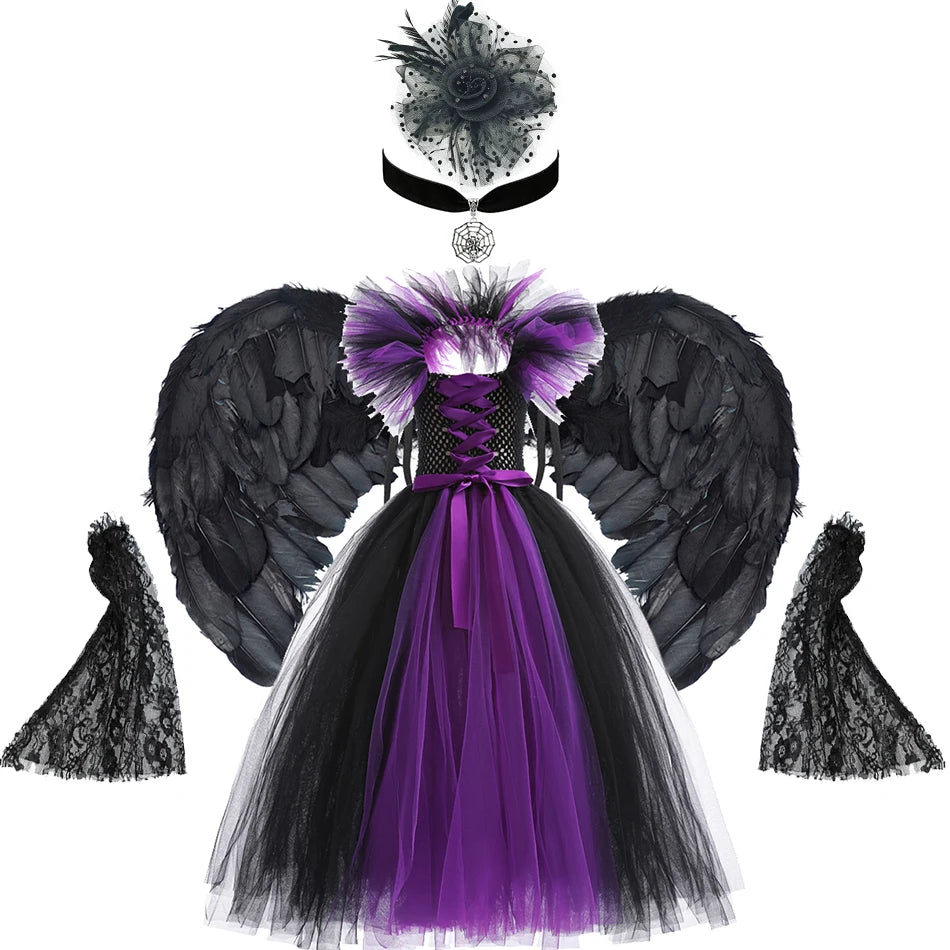 Maleficent Neck Dress Girls Halloween Theme Cosplay Costume Handmade Woven Tulle Dress Evil Role Playing Outfits Luxury Gown