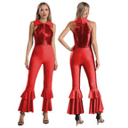 Womens 70s Disco Shiny Sequins Jumpsuit Sleeveless Turn-Down Collar Zipper Rhinestone O-Ring Front Tiered Bell-Bottom Bodysuit