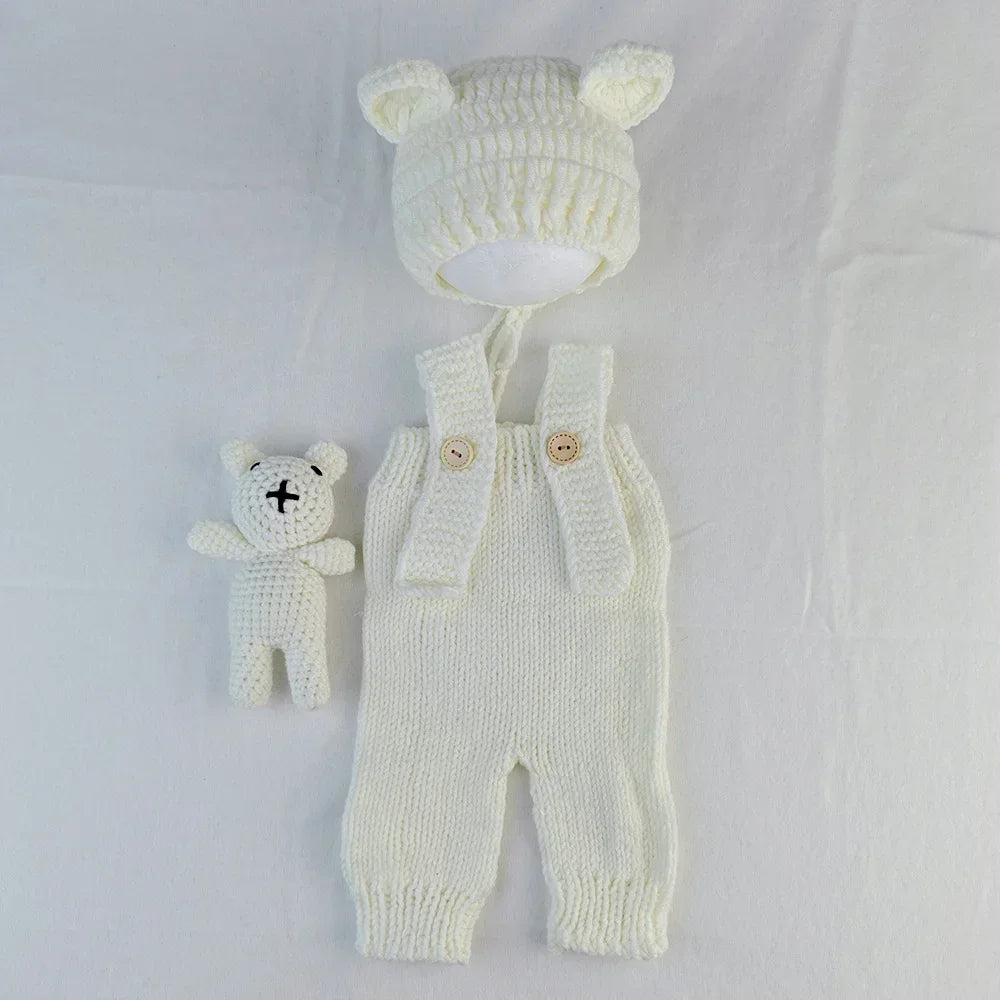 3pcs/sets Newborn Photography Clothing Hand-woven Romper Pants Bear Hat and Bear Dolls Decor Props Baby Photoshoot Outfits