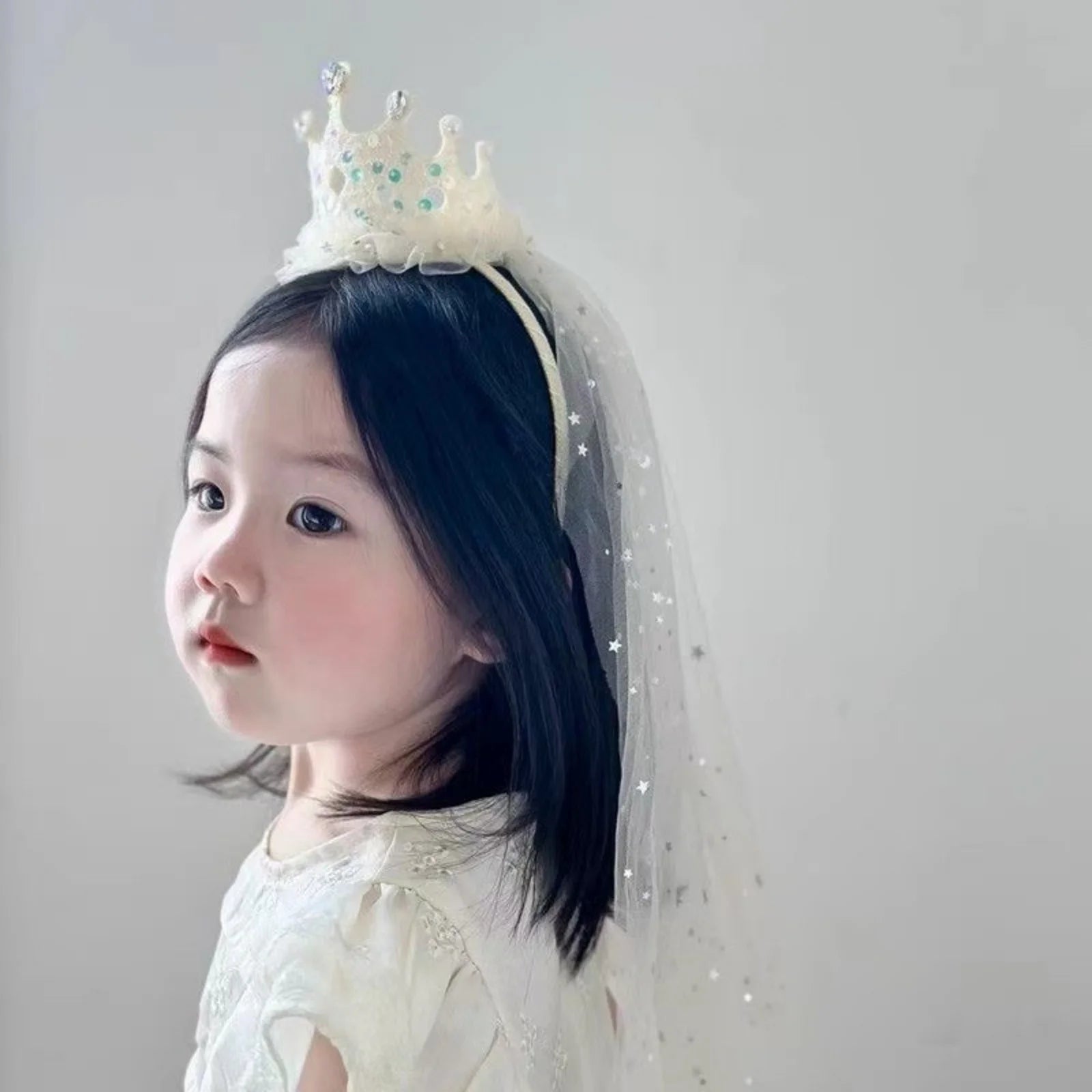 1PC Princess Crown Veil Headbands,Sparkly Tulle Hair Accessories,Pink White Sequin Party Headwear,Cute Girl's Dress Up Headbands