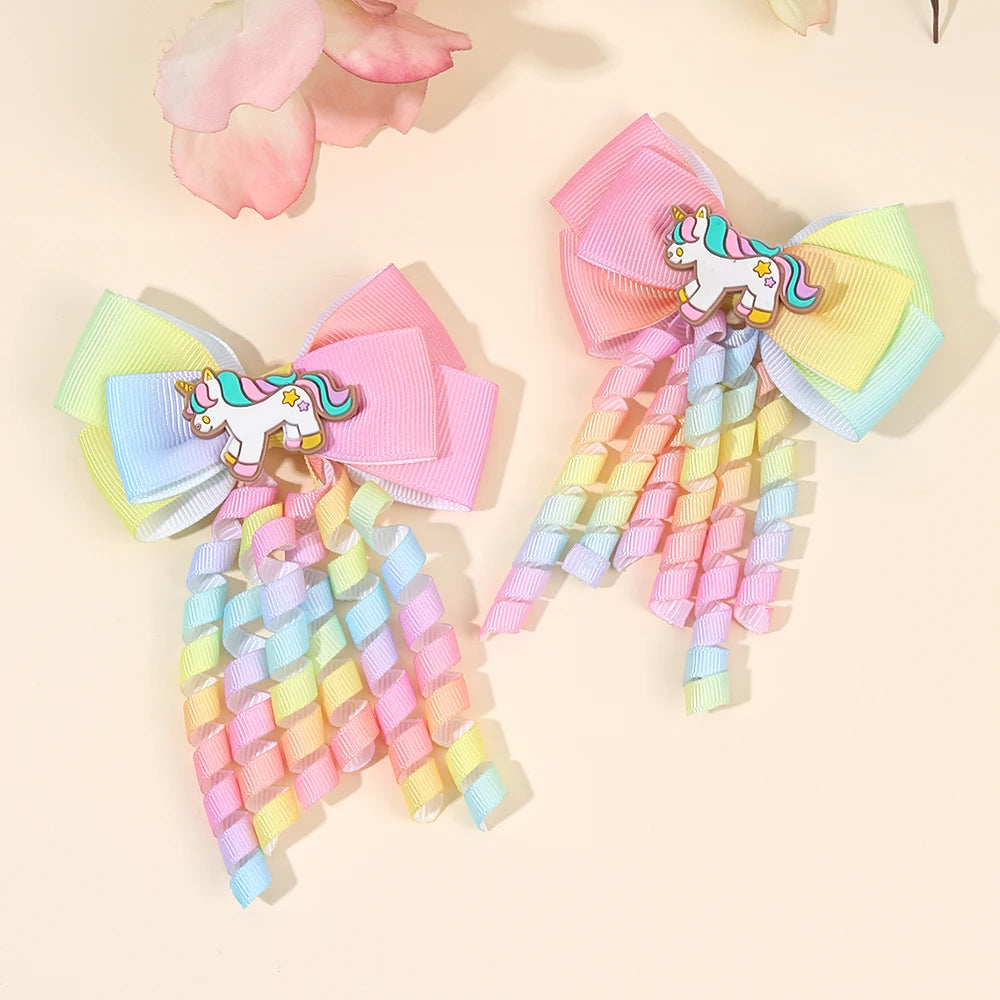 Sweet Unicorn Hair Clips For Girl Bow Barrette Cute Tassel Ribbon Curly Ponytail Hairpins Accessories