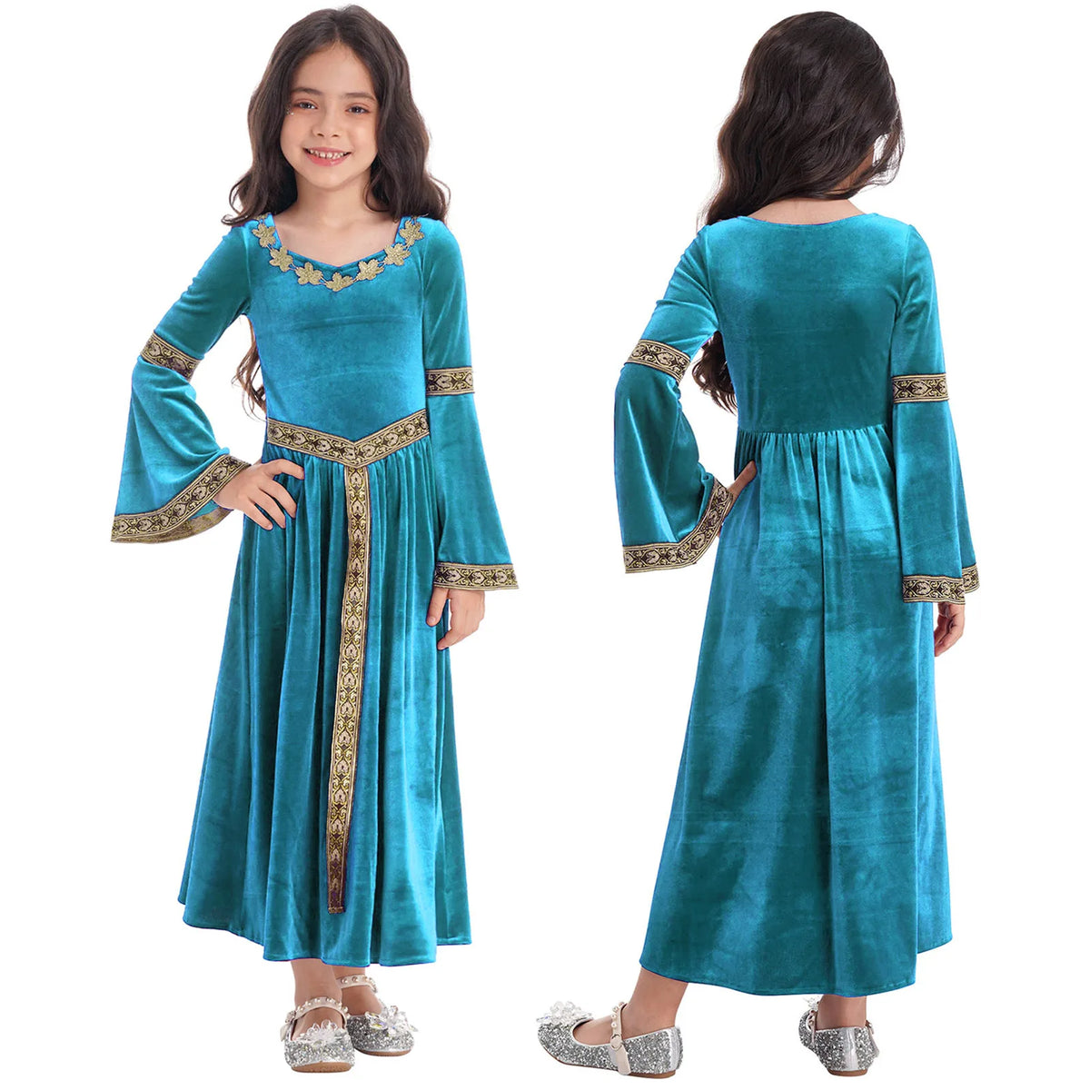 Girls Medieval Renaissance Princess Costume Velvet Long Flare Sleeve Vintage Dress Gown Carnival Party Cosplay Dress Up